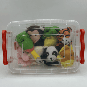 Caja con títeres para contar cuentos con animales de la selva