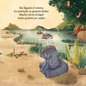 Página interior del cuento Fiesta en la Selva, con escenas alegres de animales y texto en rima para estimular el lenguaje infantil