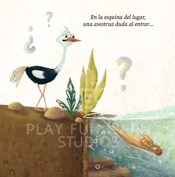 Ilustración del libro infantil Fiesta en la Selva, con Avestruz y León, ideal para leer con niños de 2 a 6 años
