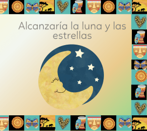 Ilustración de jirafa en libro educativo de tela con frase sobre alcanzar la luna y las estrellas