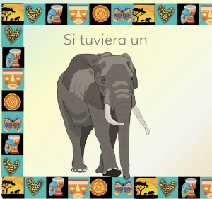 Libro suave para bebés con elefante y frase que invita a imaginar juegos y sonidos musicales