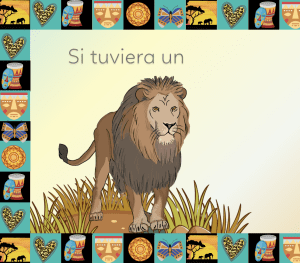 Página del libro sensorial para guaguas con ilustración de león y frase para imaginar rugidos que mueven las nubes